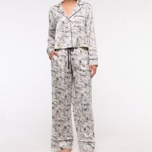Women's Cream and Navy Satin Printed Pajama Set - Winter theme